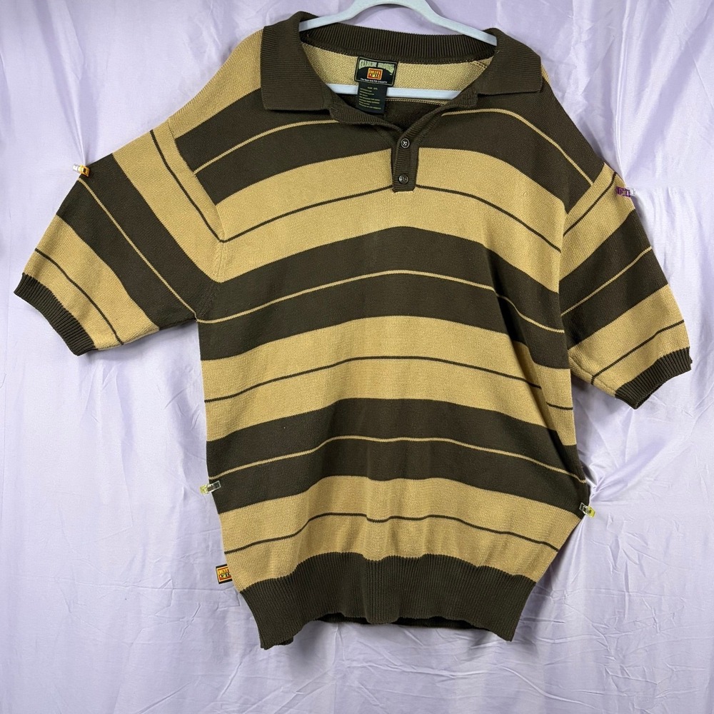 FB County Charlie Brown Striped Knit Polo Shirt Brown Tan Mens 2XL Short Sleeve